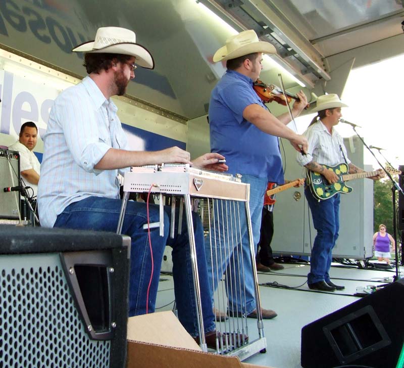 Photo of band members performing